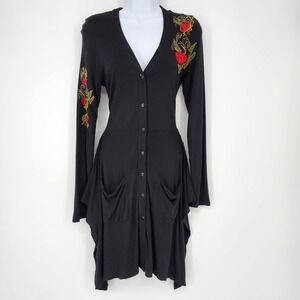 Caite Black Embroidered Floral Dress Womens XS Whimsigoth Witchy Artsy Bohemian